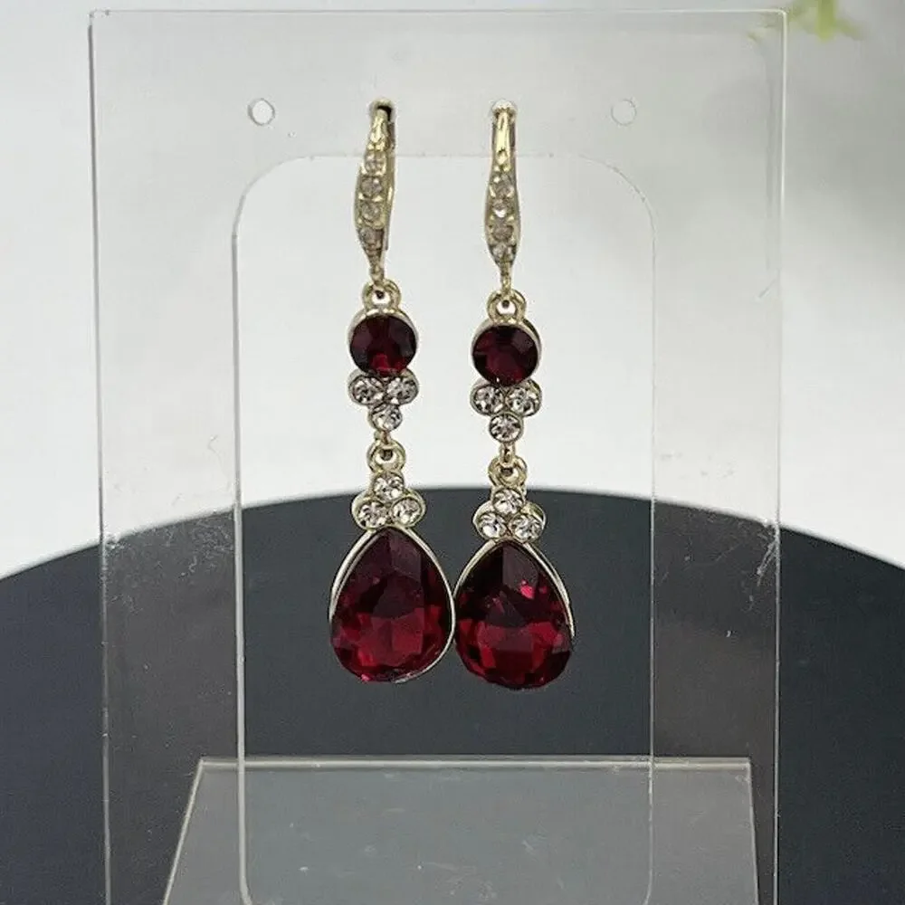 Givenchy Womens Gold‎ Tone Red Clear Crystal Dangle Drop Lever-back Earring New